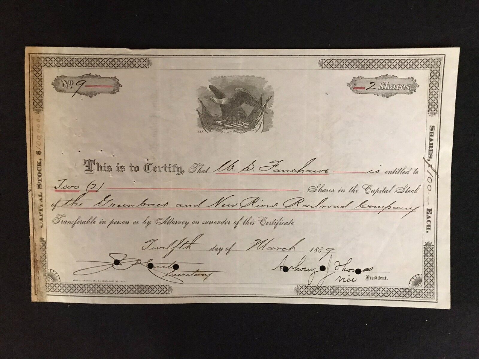 1889 The Greenbrier and New River Railroad Company Stock Certificate