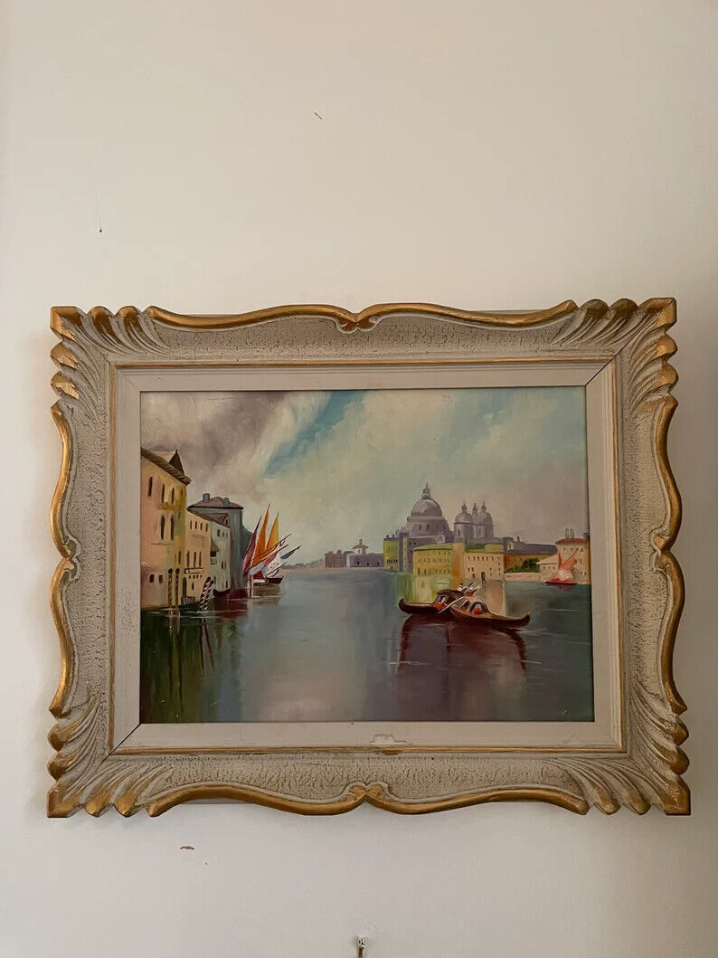 Boats in  Venice Oil Painting with Gold Gilded White Framed
