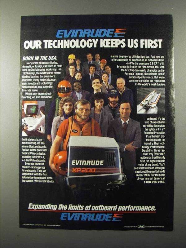 1986 Evinrude XP200 Outboard Motor Ad - Our Technology