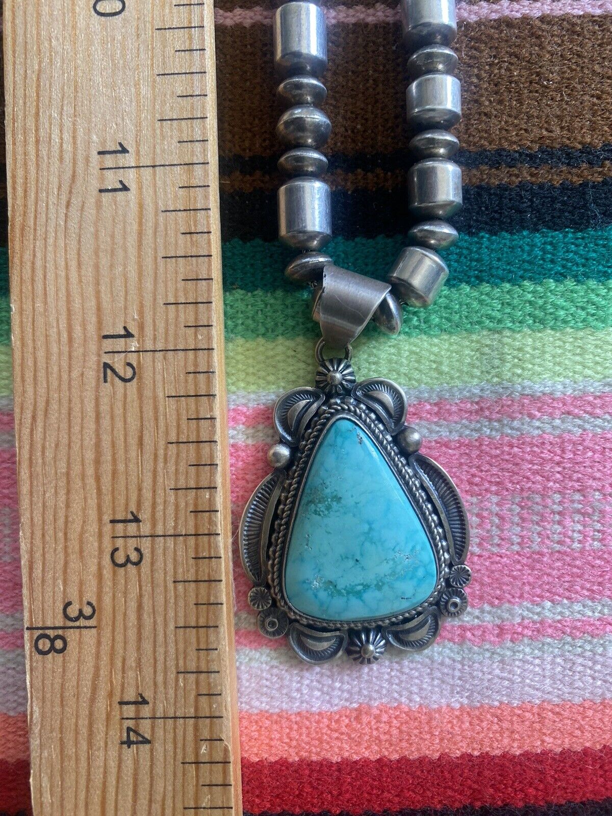 Navajo Ella M. Linkin Stamped Sterling Turquoise Piece with 24” Bench Bead Chain