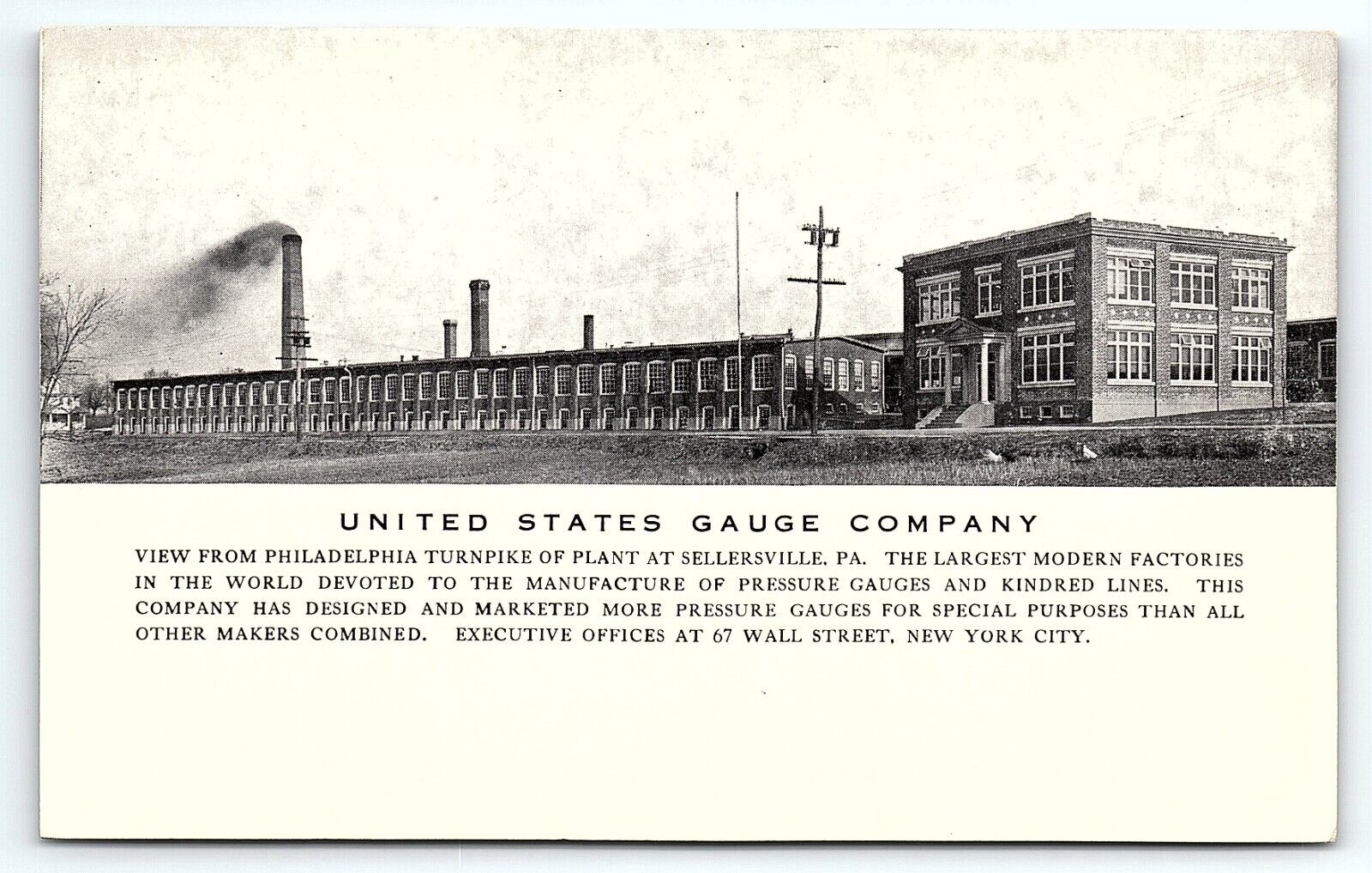 c1910 SELLERSVILLE PA UNITED STATES GAUGE COMPANY FACTORY EARLY POSTCARD P4003