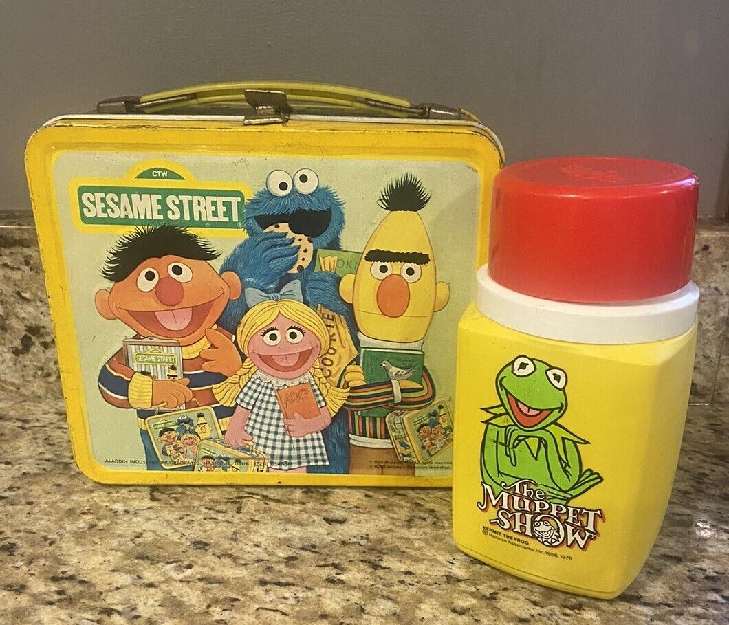 Vintage 1979 Sesame Street Yellow Metal Lunch Box Aladdin Lunchbox With Thermos