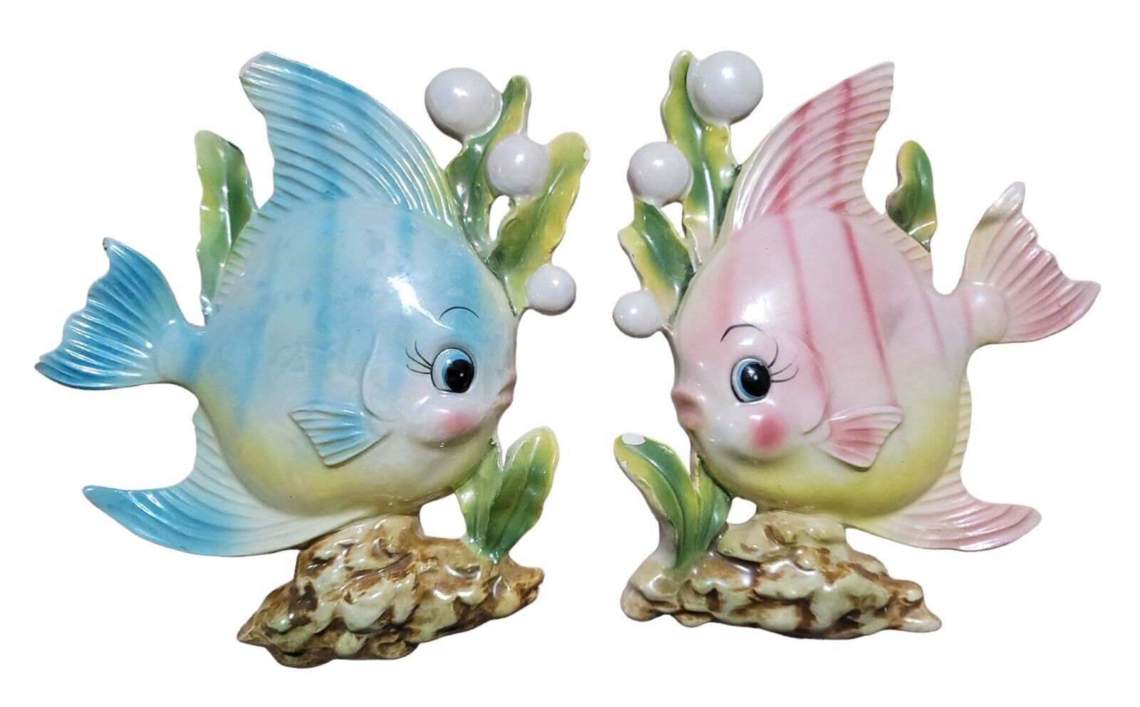 Vintage 1950's Ceramic Norcrest Pair Pink Blue Fish Bubbles Kitsch Mcm READ