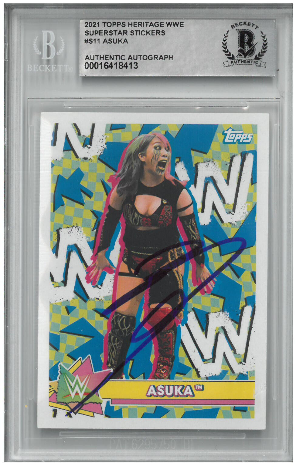Asuka Signed Autograph Slabbed 2021 WWE Topps Heritage Sticker Card Beckett