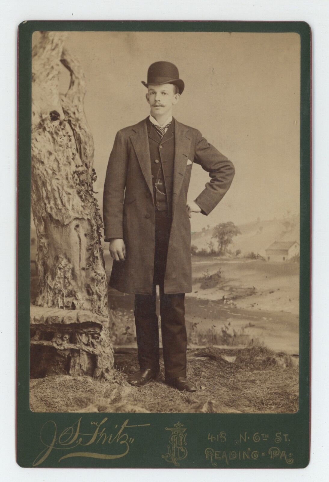 Antique Circa 1880s Cabinet Card Dapper Man Fancy Suit & Hat Mustache Reading PA