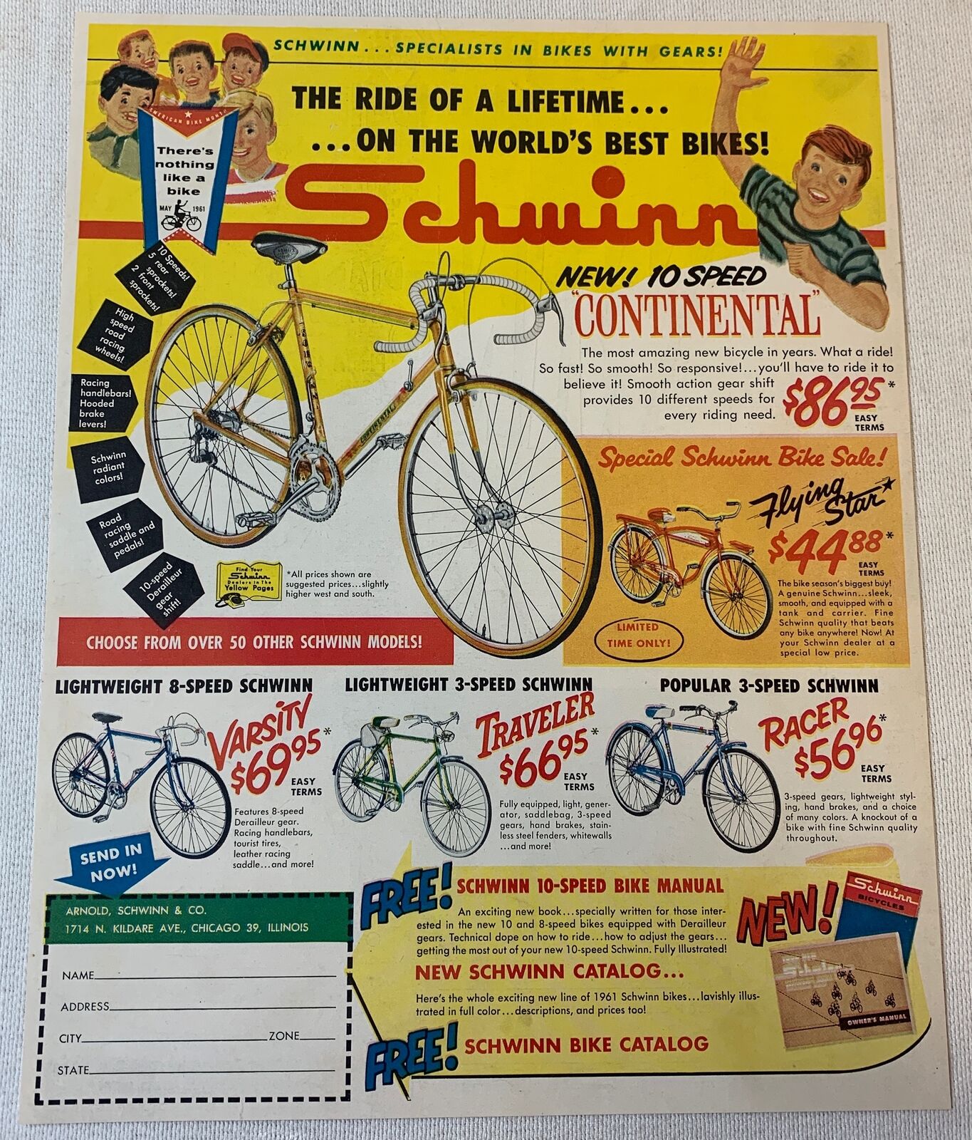 1961 Schwinn bicycle ad~ CONTINENTAL, FLYING STAR, VARSITY, TRAVELER, RACER