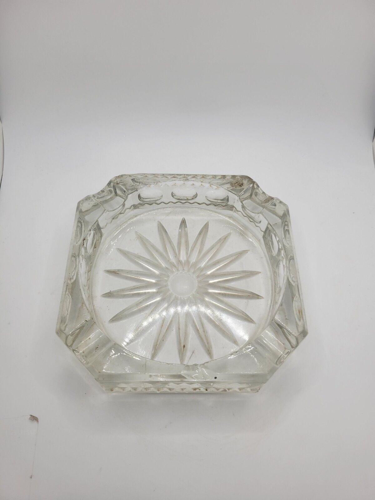 Vintage Heavy Weight Crystal Etched Ashtray Starburst Design 