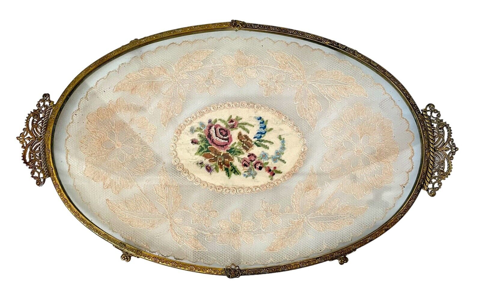 Antique Petit Point Ornate Gold-Tone Vanity Tray, Lace Under Glass