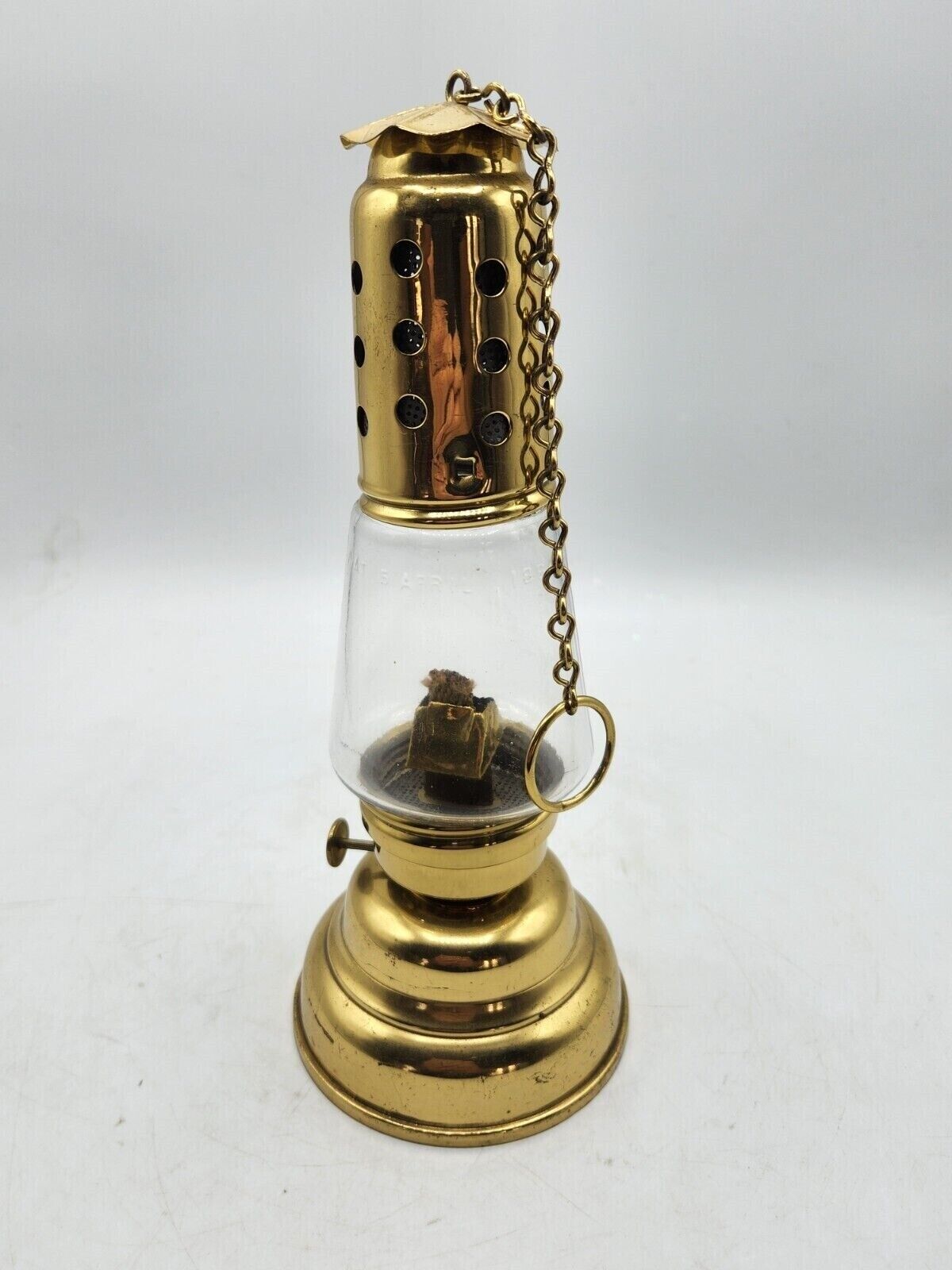 Antique Patented 1867 Manhattan Glass Co. Brass Skaters Lantern Oil Lamp