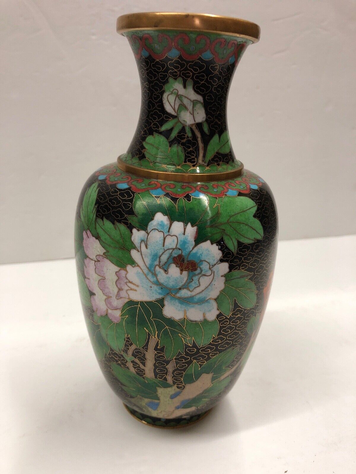 Vintage Antique Black Floral Cloisonné Peony Vase Boho Bohemian