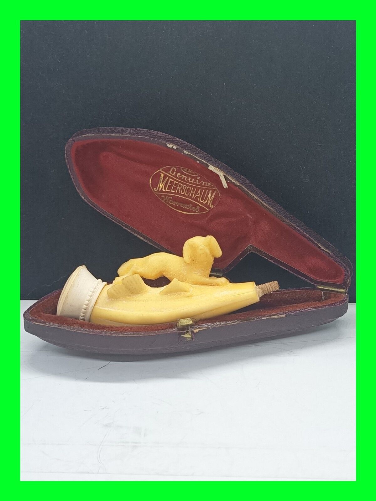RARE 1800's Antique Meerschaum Pipe With Original Case ~ With Dog Carved On Top 