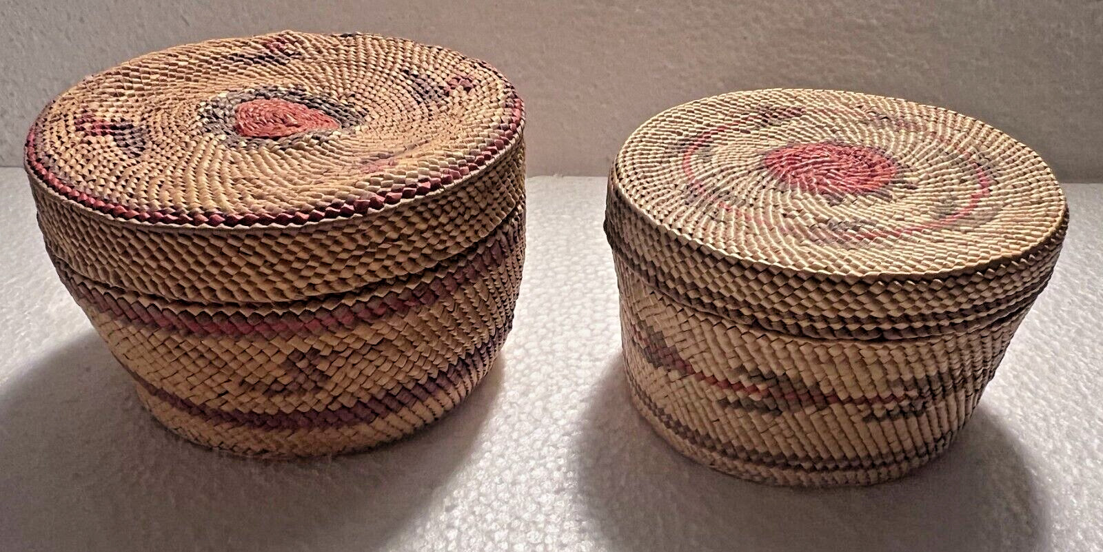 Two Native American Puyallup Lidded Baskets Pacific Northwest Washington State