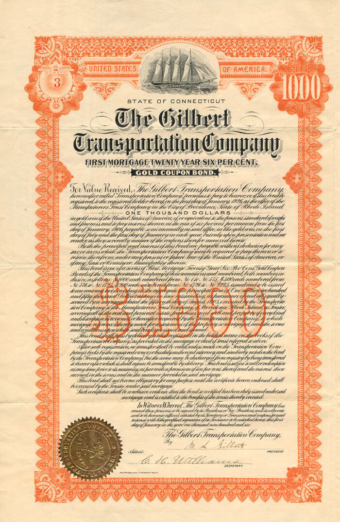 Gilbert Transportation Co. $200 or $1,000 - Bond - Shipping Bonds