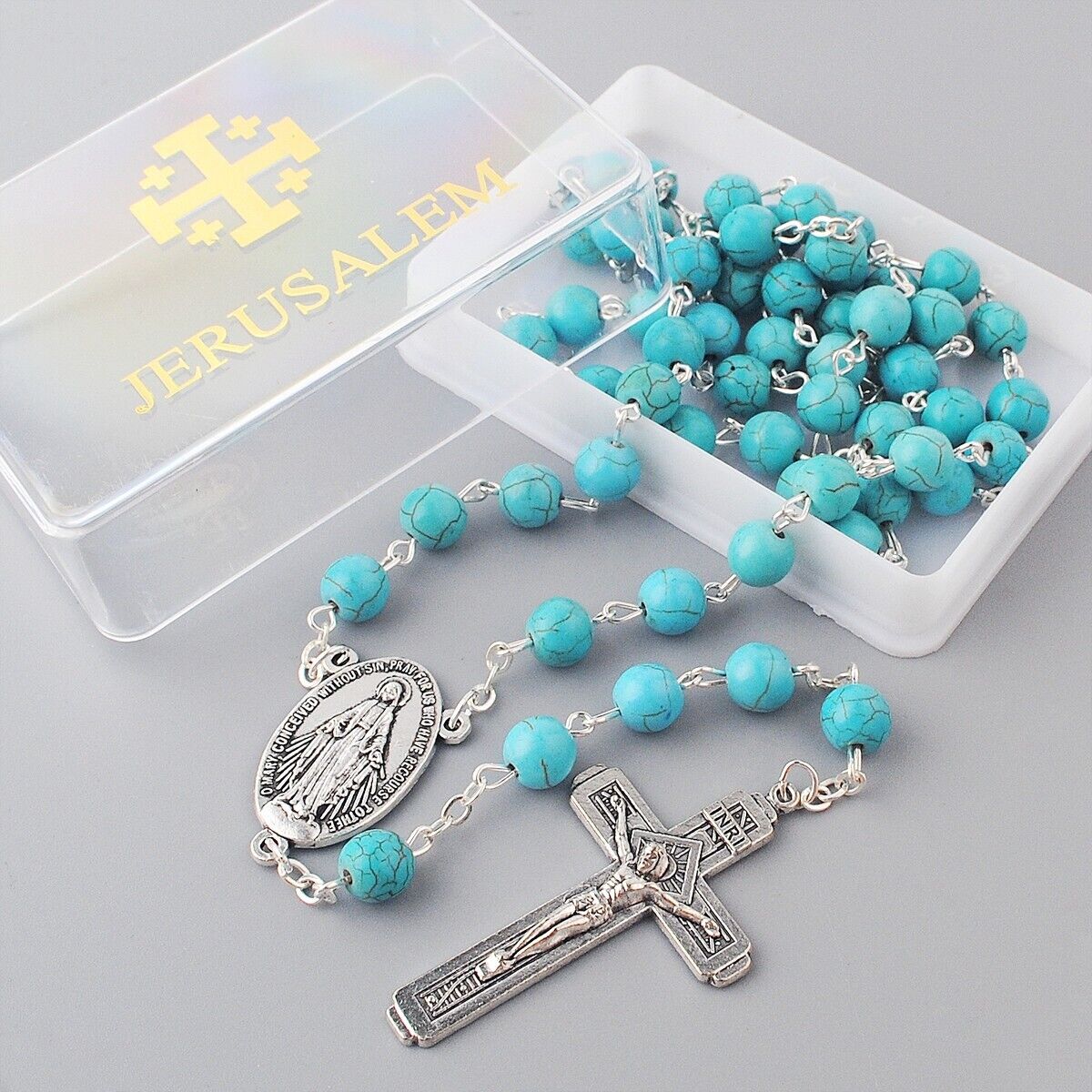 Catholic Jerusalem Rosary Necklace Blue Turquoise beads Miraculous Medal & cross