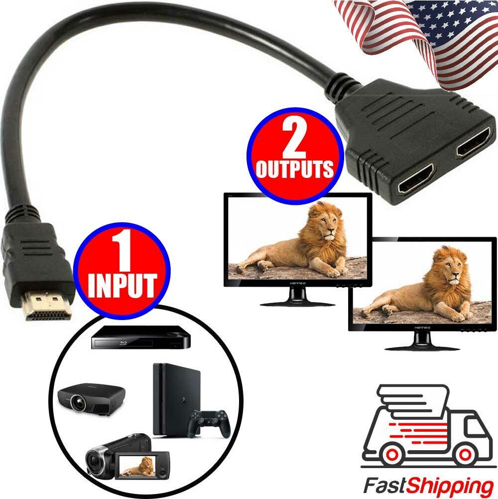 HDMI Splitter 1 Input Male to 2 Output Female Port Cable Adapter Converter 1080P
