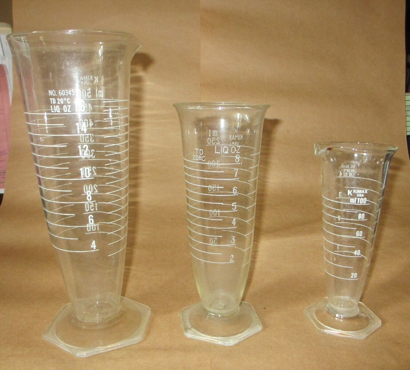 Vintage Kimax  Conical Pharmaceutical Glass Graduate Laboratory Beakers.  Set 3