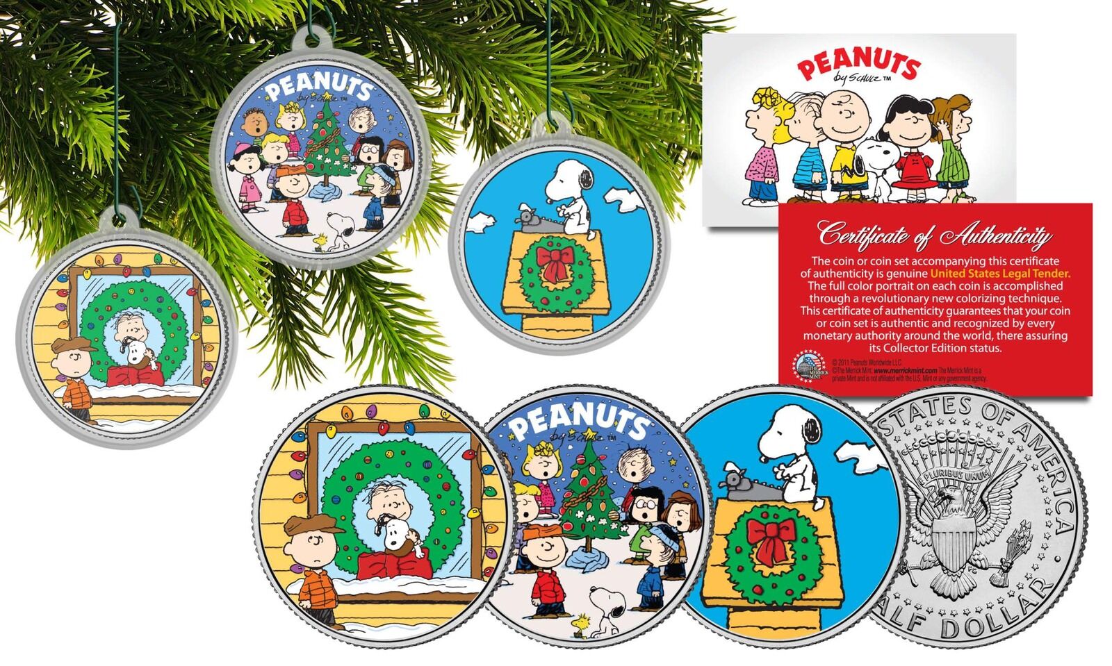 PEANUTS CHRISTMAS Charlie Brown JFK Half Dollar 3-Coin Set Tree Ornaments SNOOPY