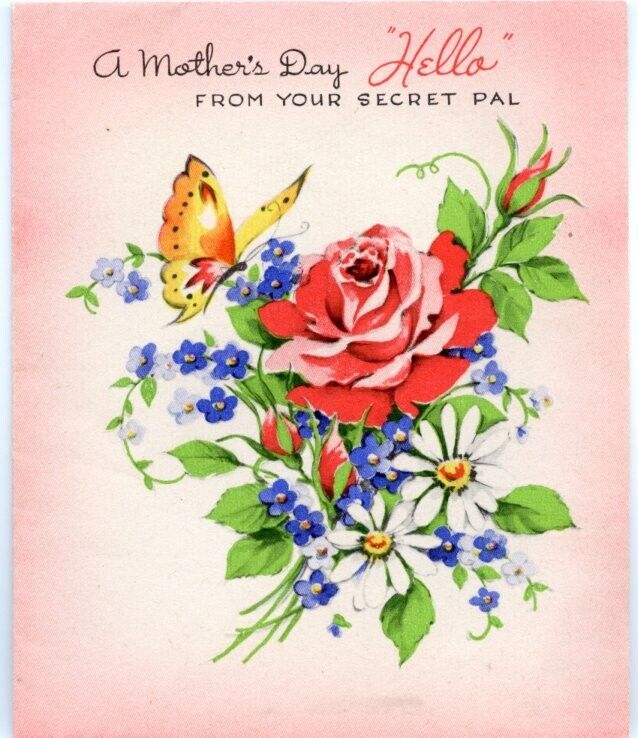 Vintage Gibson Mothers Day Card Hello from Secret Pal Rose Butterfly Used