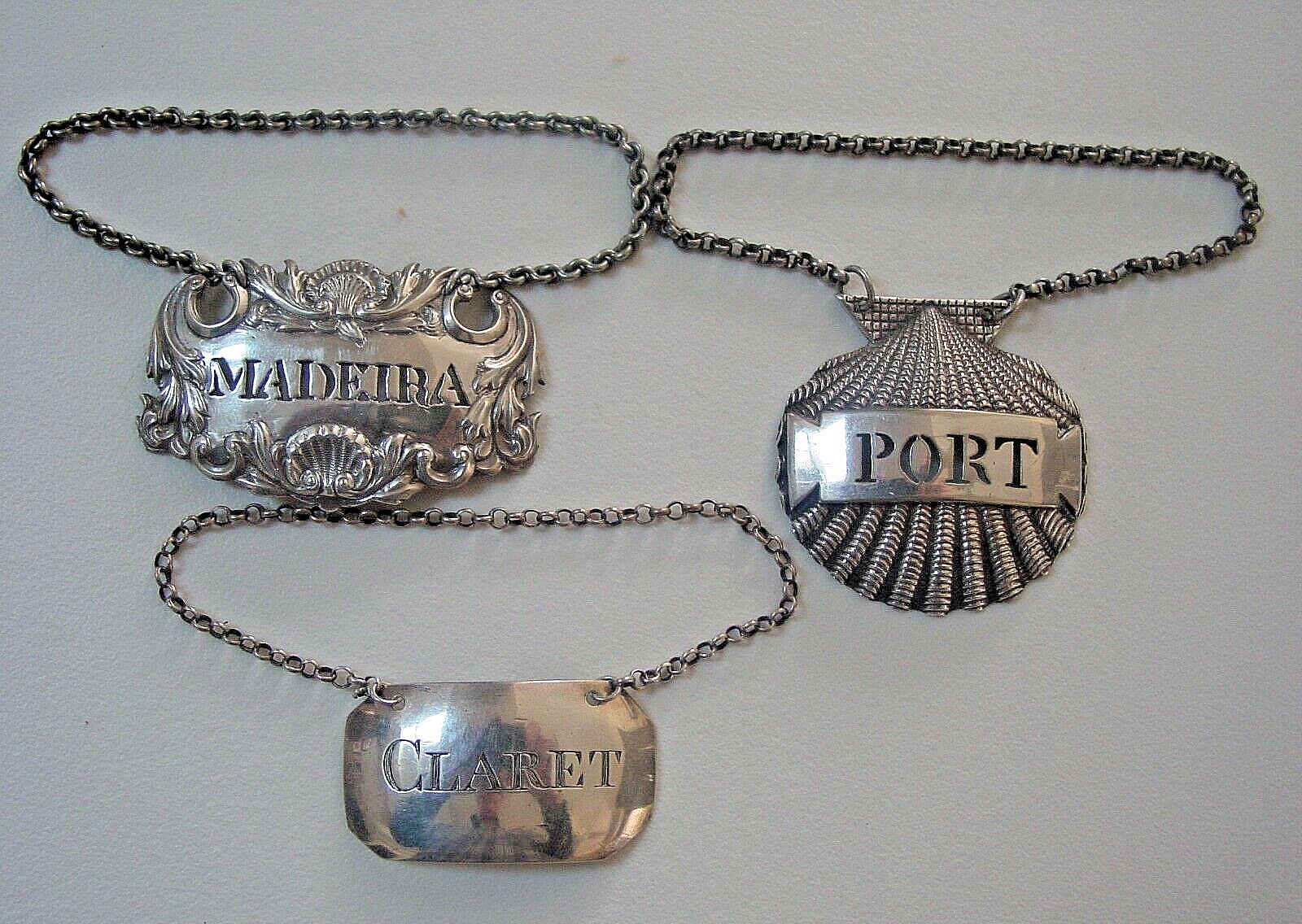 3 sterling silver decanter labels MADEIRA, PORT, CLARET. 18th. - 19th. century.