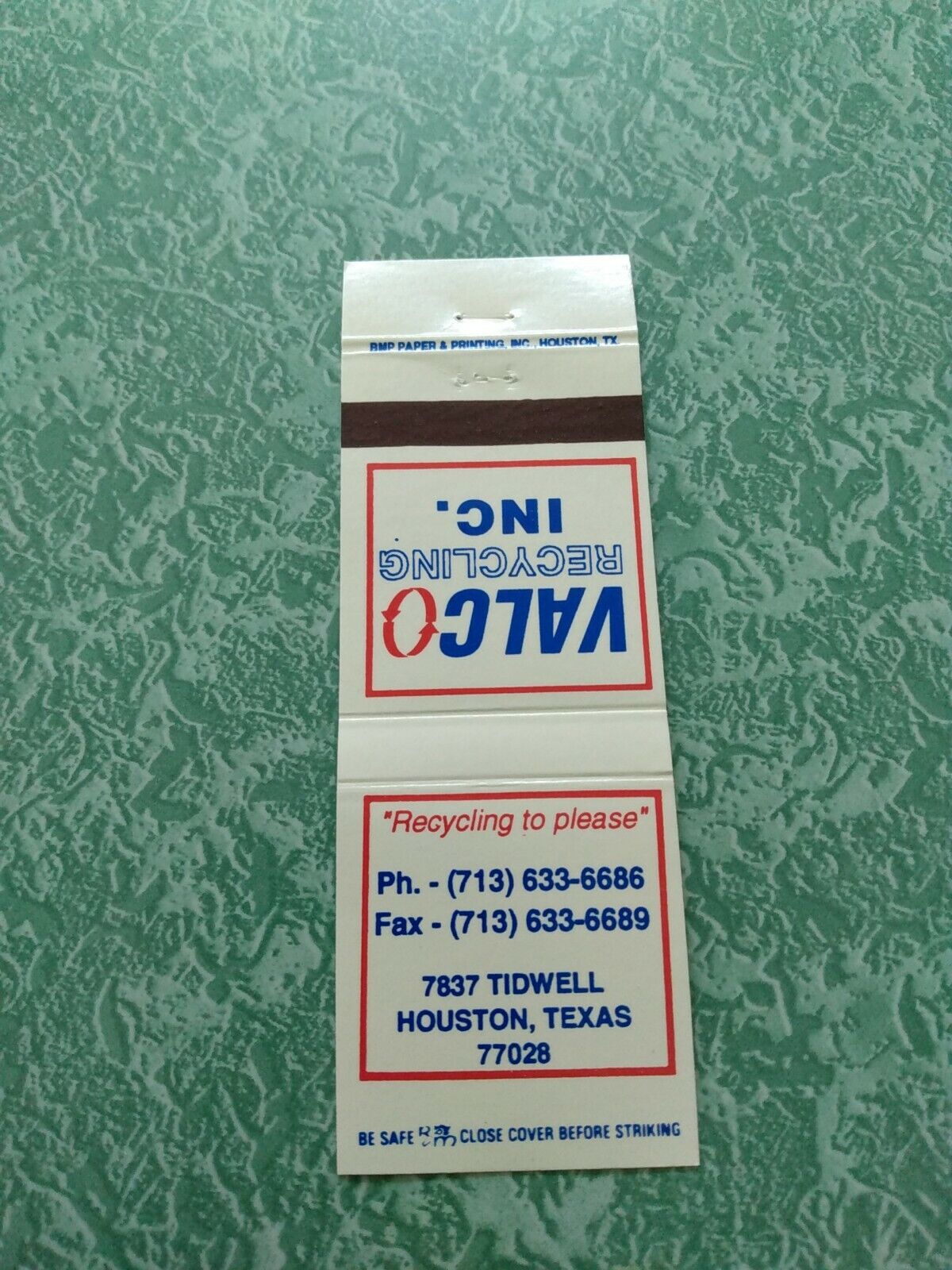 Vintage Matchbook Cover Z22 Collectible Ephemera Houston Texas valco recycling