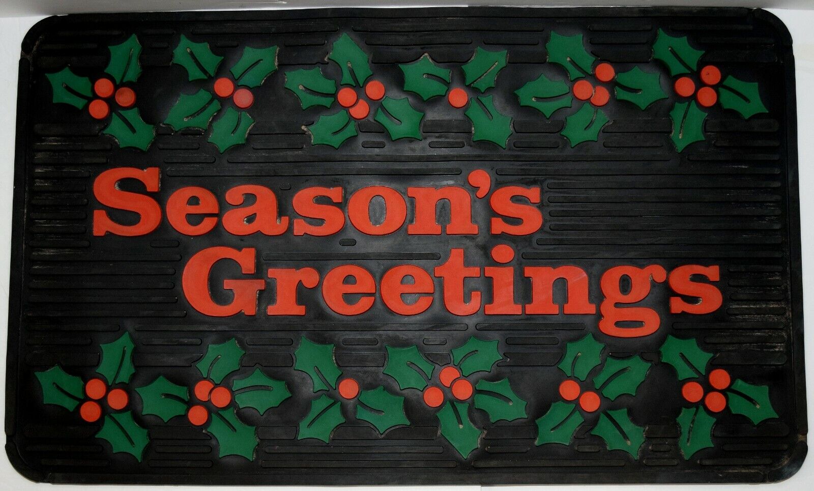 Rare Vintage Season's Greetings Rubber Doormat w Holly Leaves & Berries 17 x 28