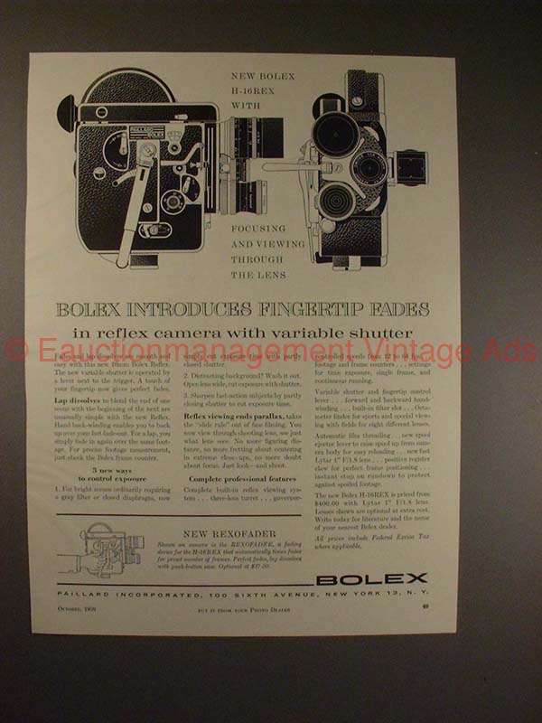 1959 Bolex H-16REX Movie Camera Ad - Fingertip Fades