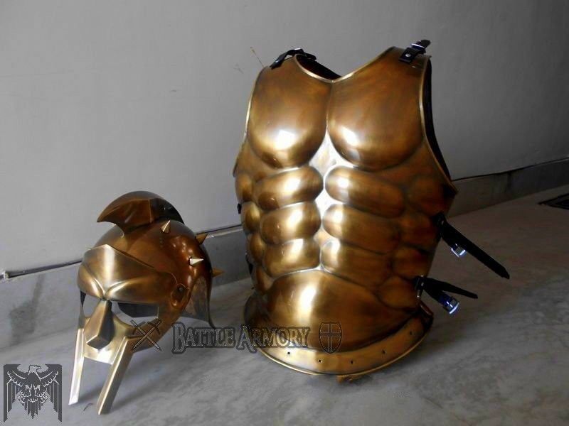ANTIQUE MUSCLE ARMOR & GLADIATOR MOVIE HELMET MUSCLE JACKET BRASS FINISH GIFT