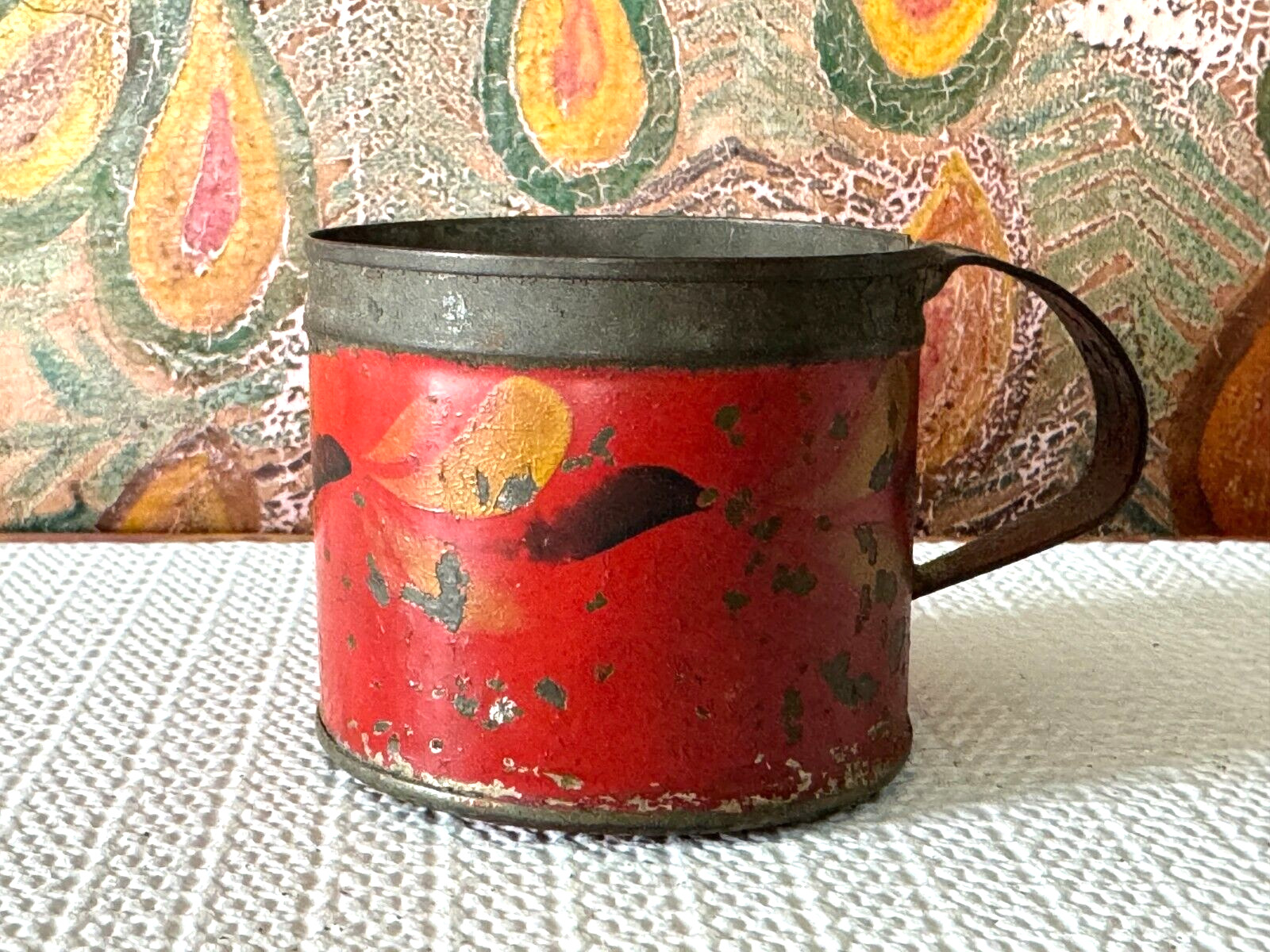 Antique Primitive Hand Painted Decorative Red Tole Tinware Toleware Child's Mug