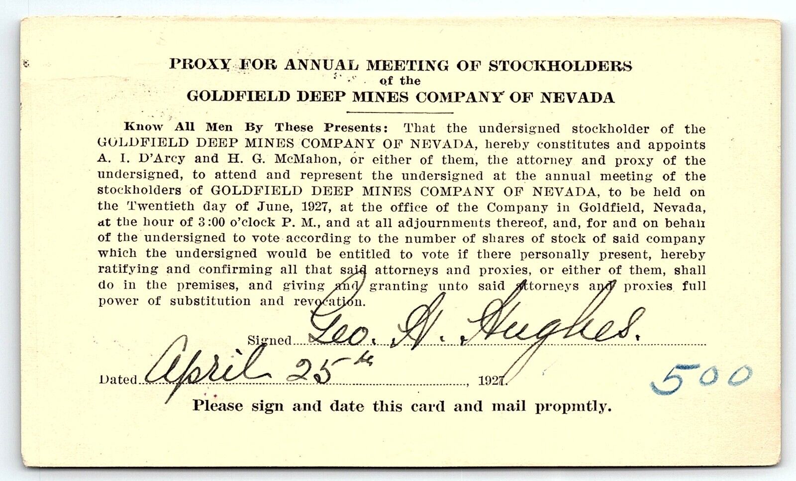 1927 GOLDFIELD DEEP MINES OF NEVADA JUNE MEETING STOCKHOLDERS POSTCARD P1912