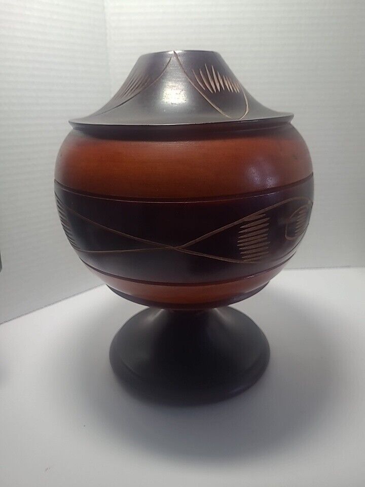 Hand Turned Carved Wooden Vase Made in Haiti.  Two Toned Wood, Beautiful Etching