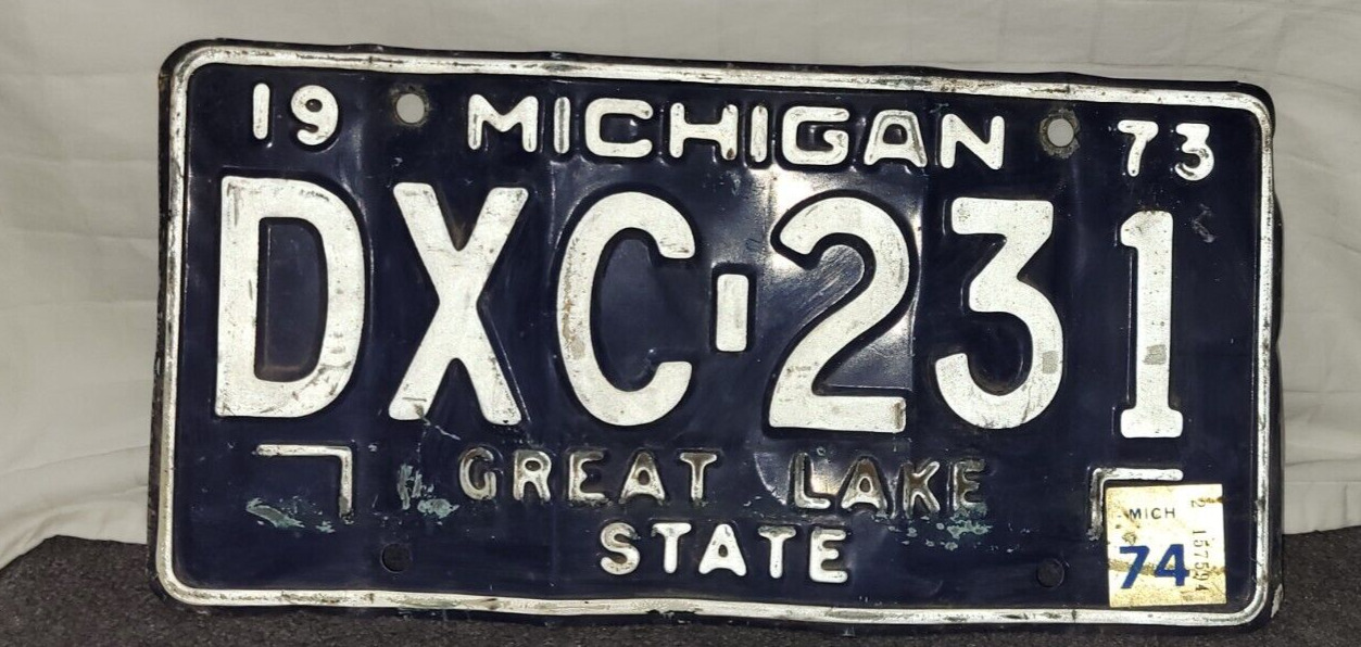 Vintage 1973 Michigan Great Lake State Blue DXC-231 License Plate Man Cave Décor