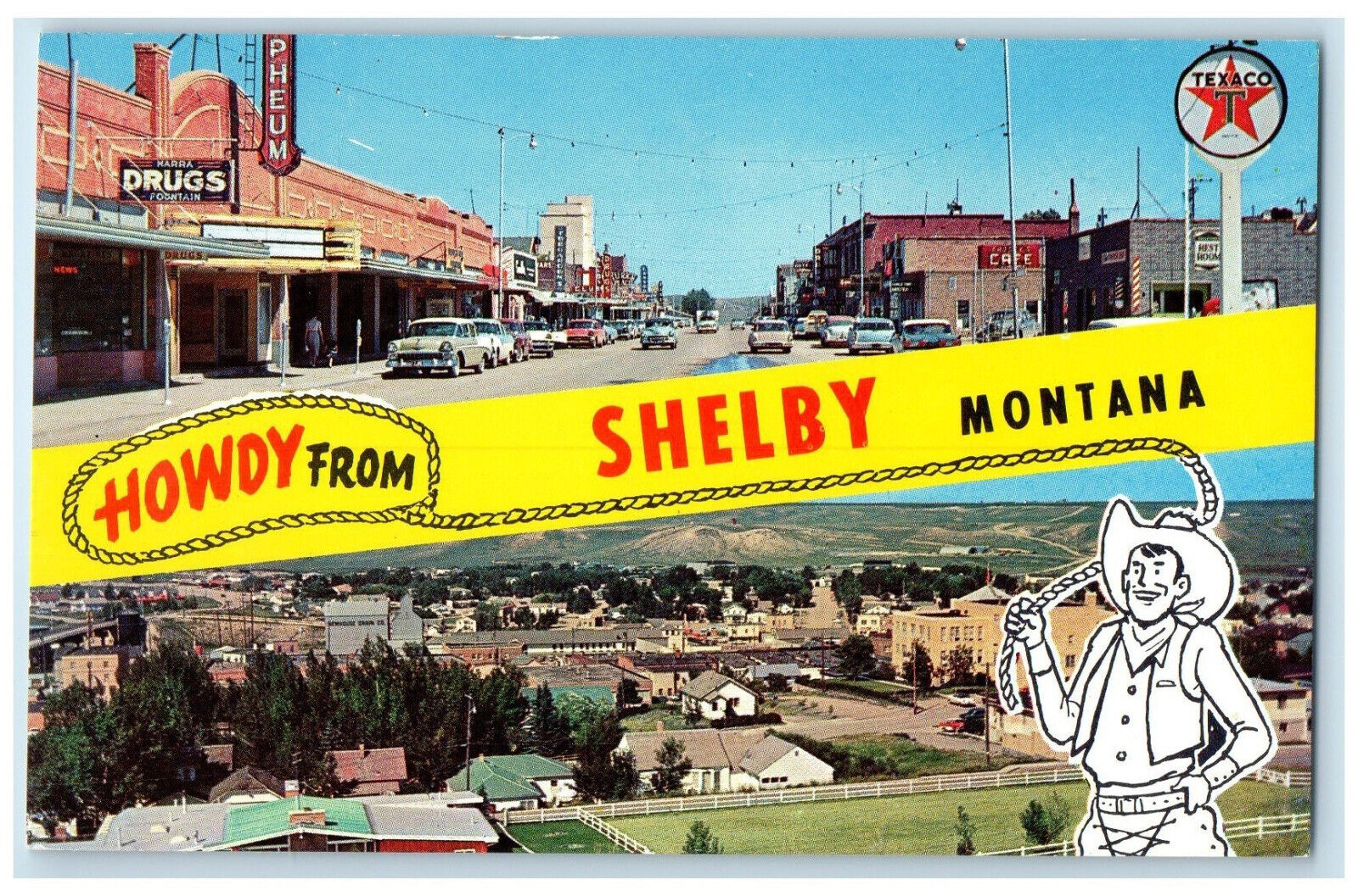 c1950's Cafe Howdy from Shelby Montana MT Cowboy Rope Multiview Postcard