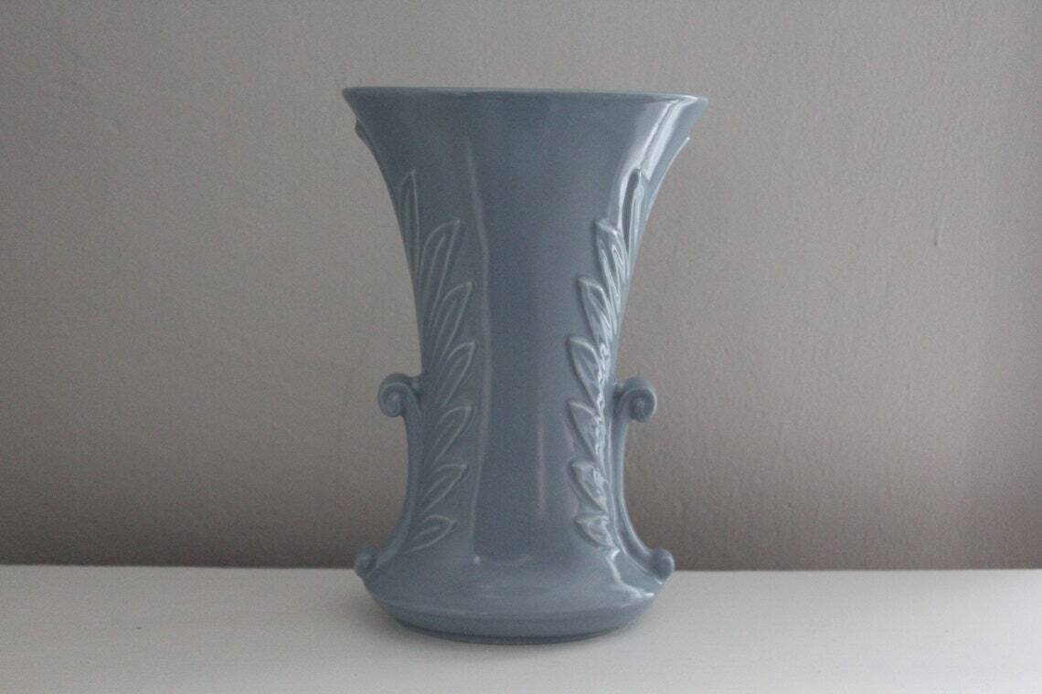 Vintage Scarce Large Blue Abingdon Vase with Scrolls and Leaves, Art Deco 1940s