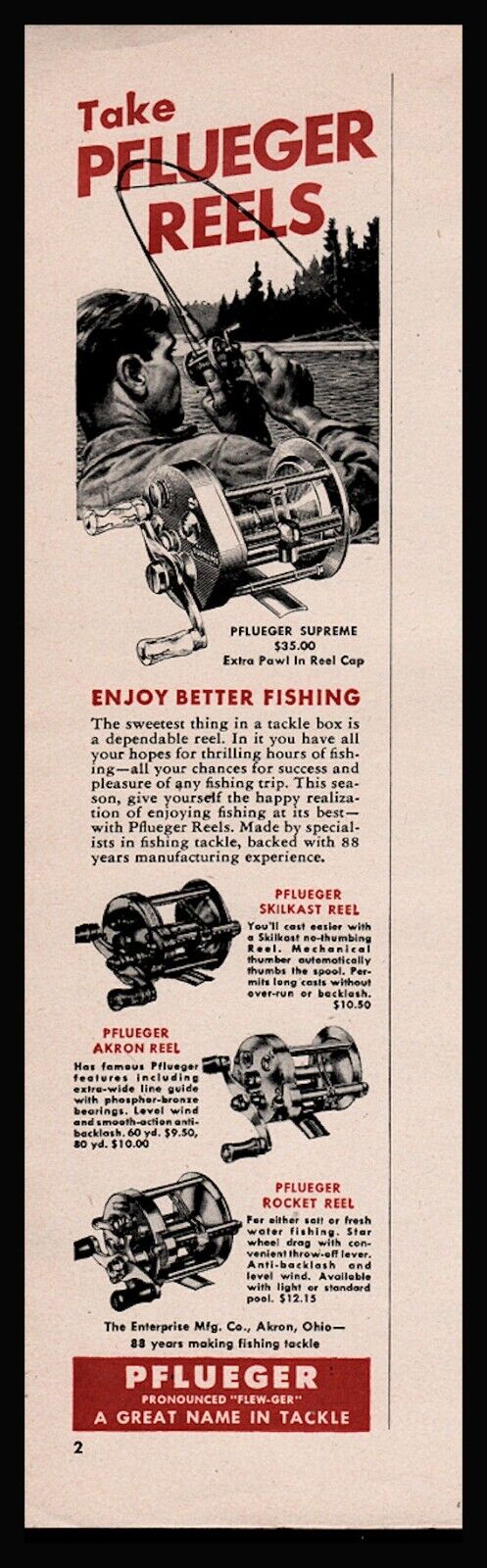 1952 PFLUEGER Casting Fishing Reel PRINT AD Peerless, Akron, Rocket