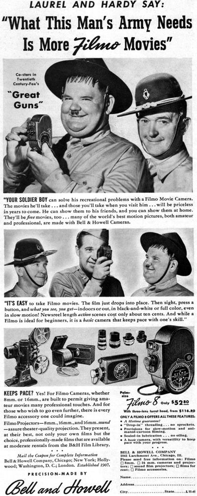 Stan Laurel Oliver Hardy Filmo Movie Camera GREAT GUNS Bell Howell 1941 Print Ad