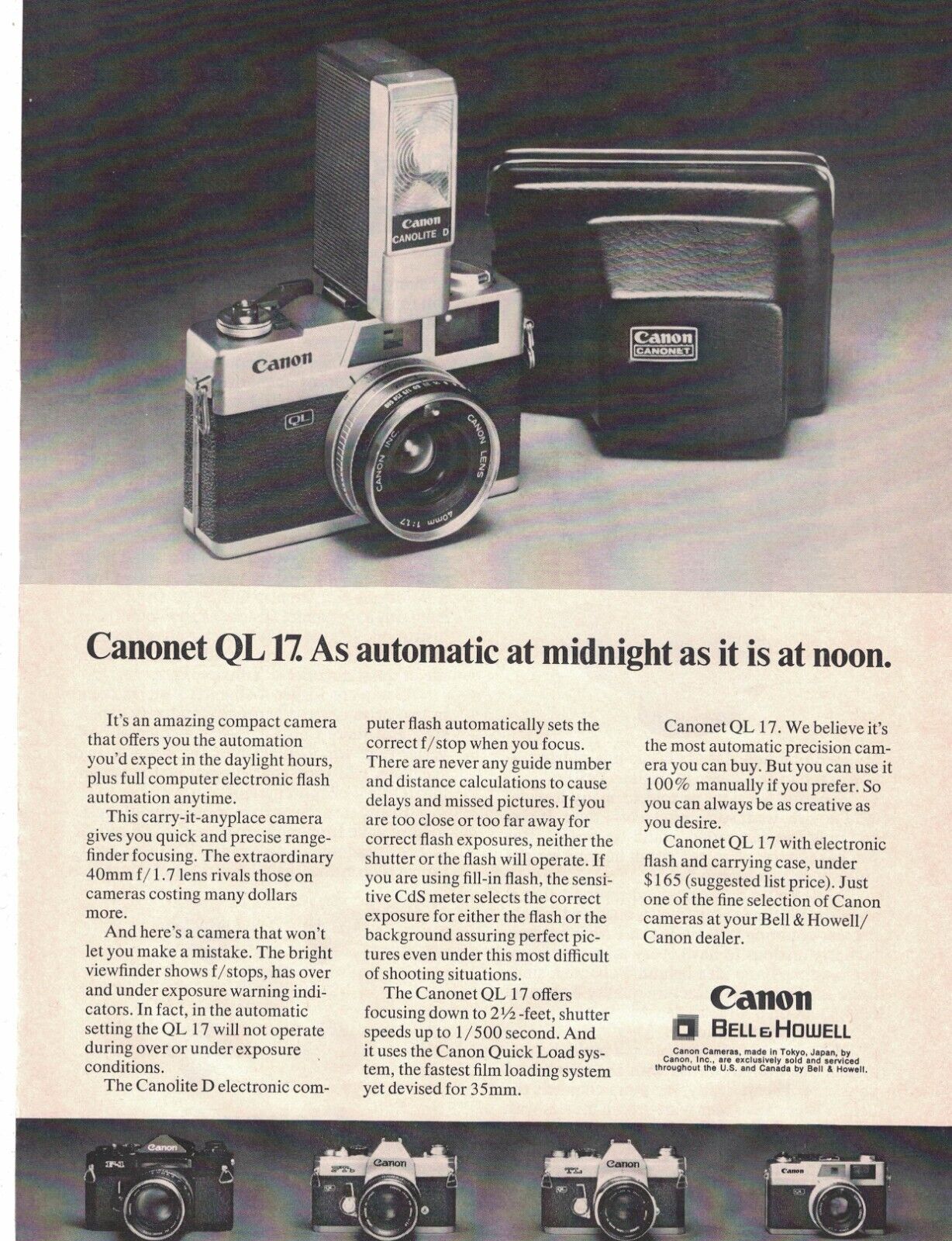 Canonet QL 17 Camera 1971 Vintage Magazine Print Ad Canon Bell Howell automatic