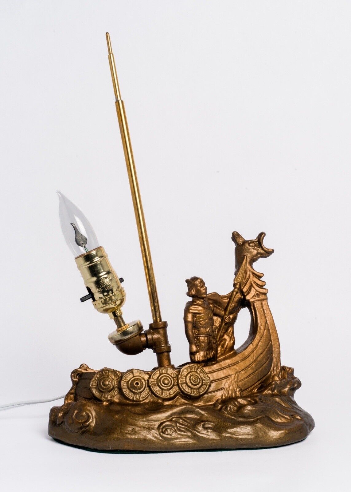 Antique 1920s Armor Bronze Viking Ship Figural Table Lamp, W Johnson — RESTORED