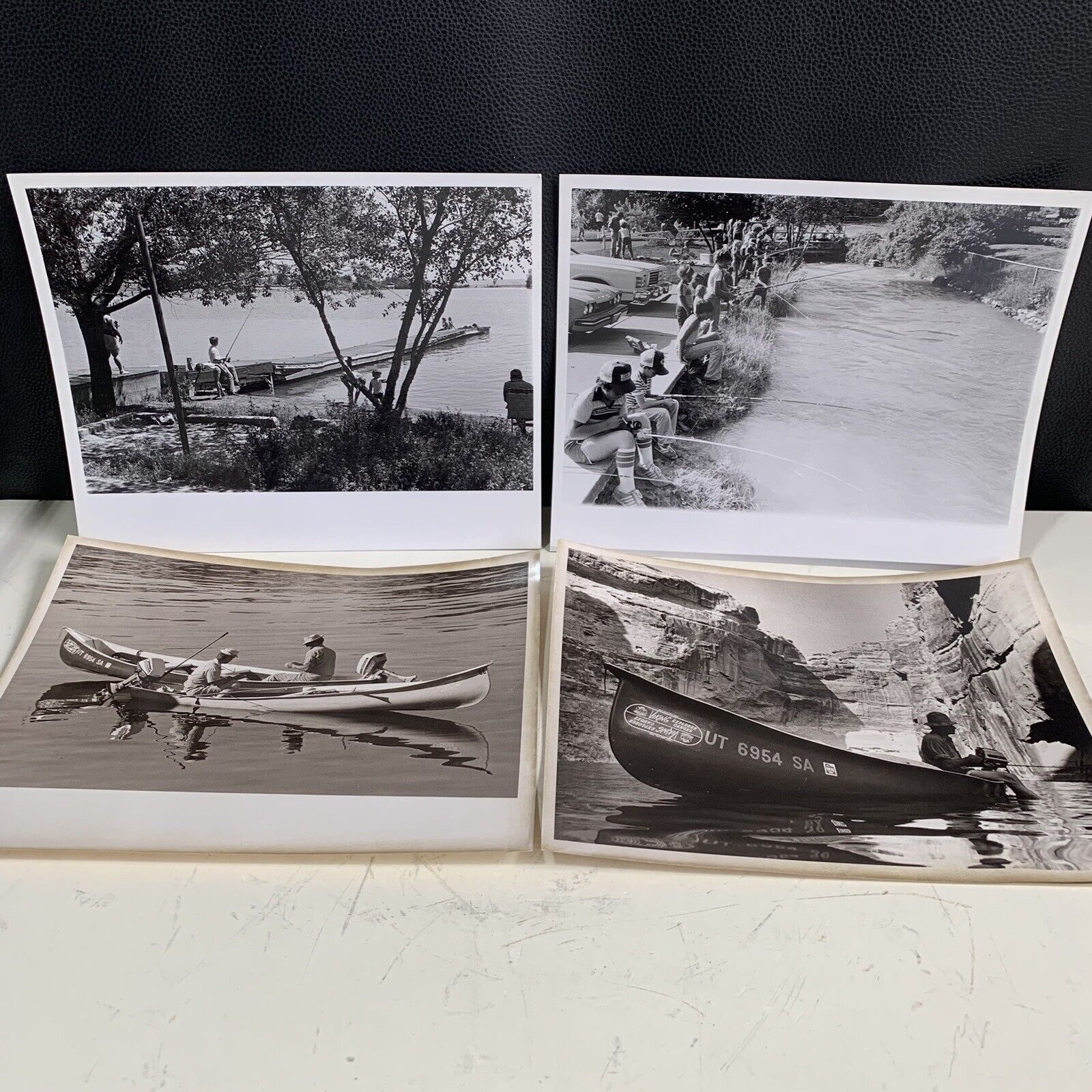 Vintage Fishing Photo Lot Of 4, Fishing From Shore And From Boat Sepia And B&W