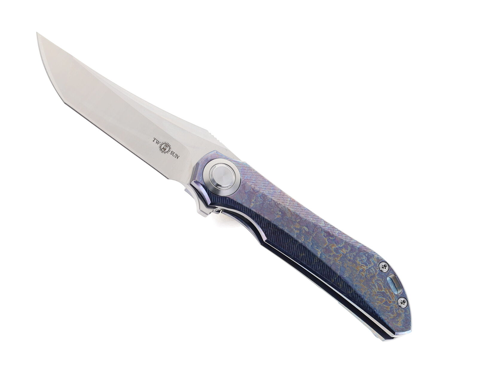 Two Sun Folding Knife Blue/Multi Color Ti Handle M390 Sabertooth TS196Color