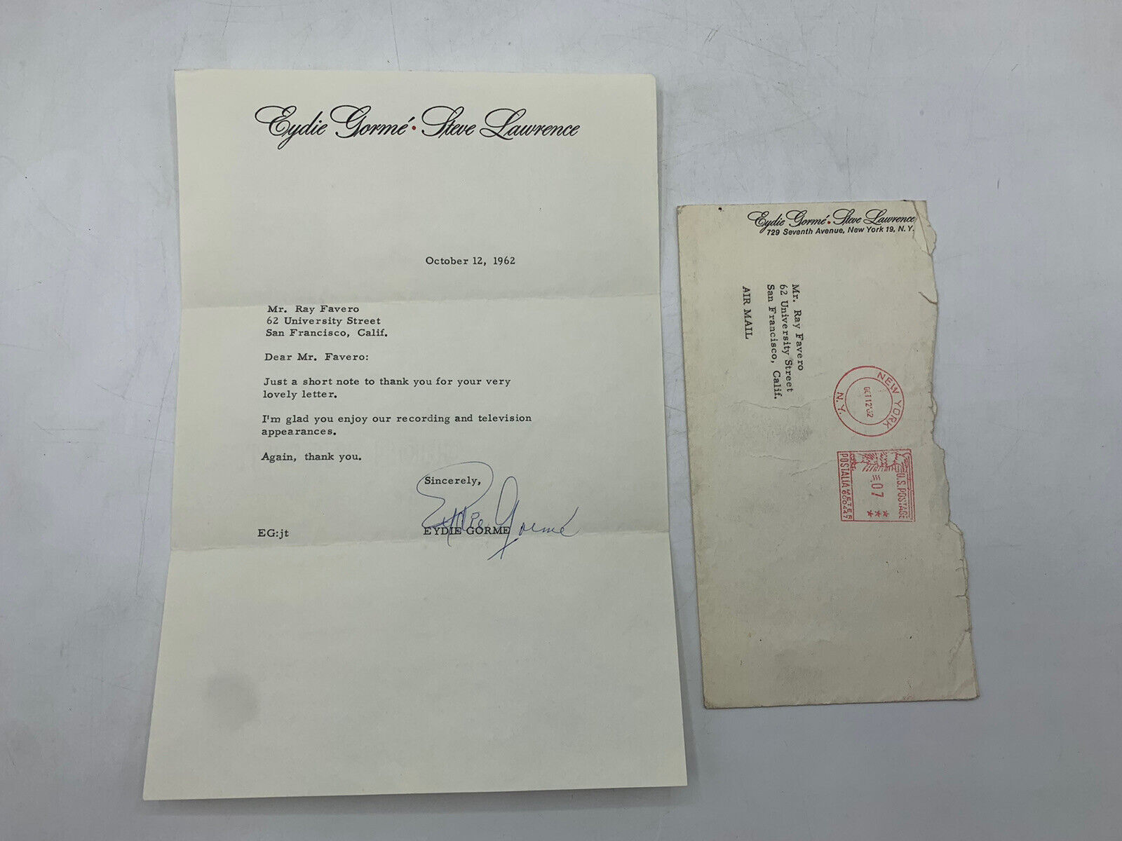Eydie Gorme Signed Letter Dated 1962 Personal Letterhead Envelope Steve Lawrence