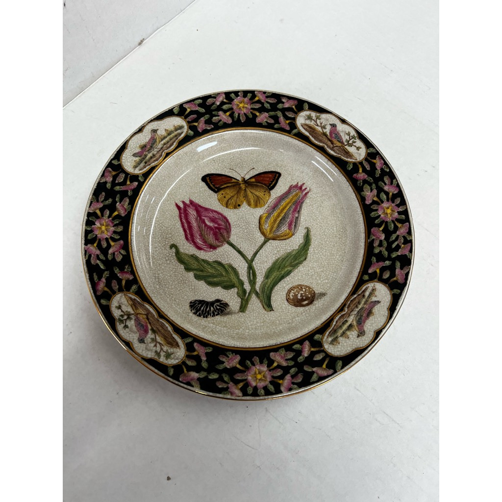 Decorative Chinese Bowl Tulips Butterflies Dark Floral Border Crackle Finish