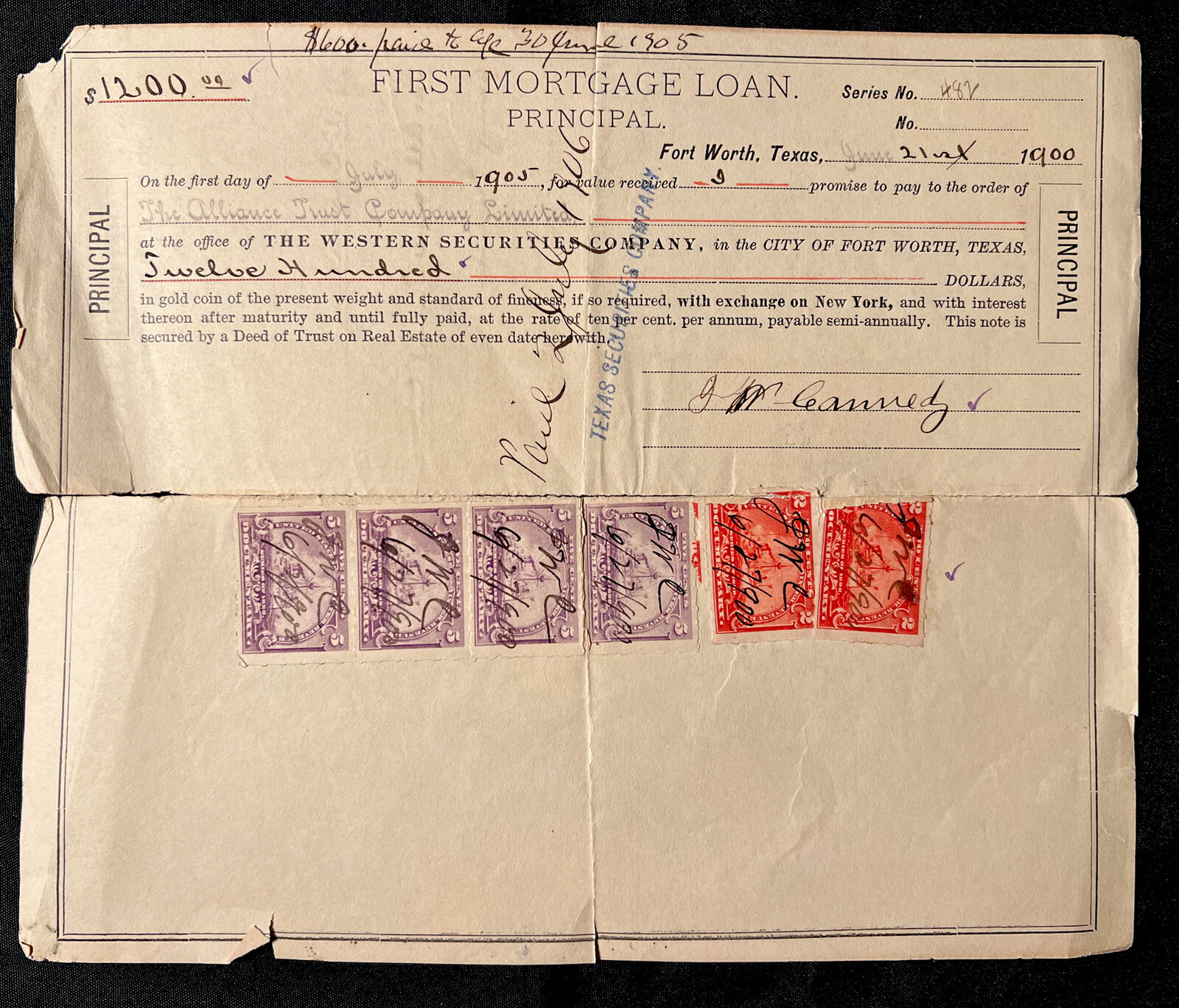 Original 1906 FORT WORTH Texas First Mortgage Loan Document TAX Revenue STAMPS