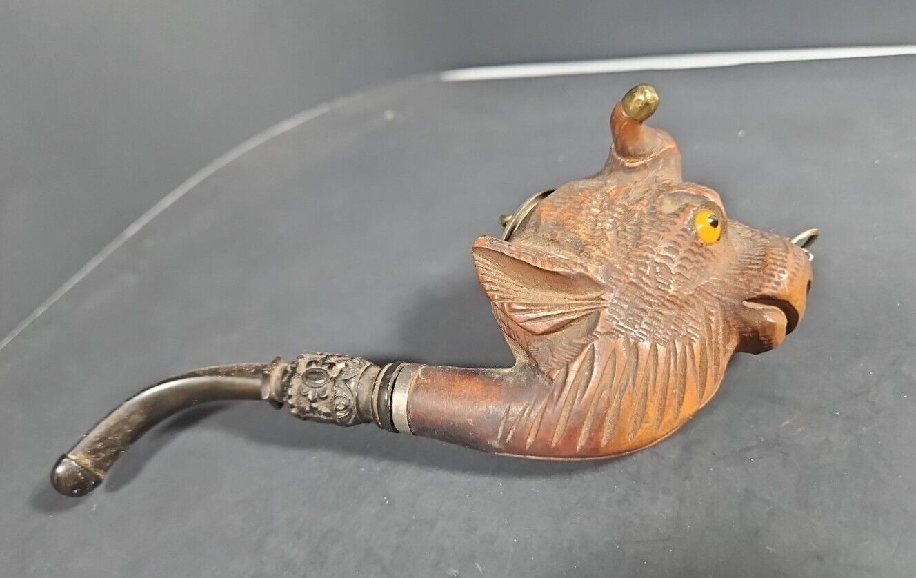 Vintage Carved Bulls Head Wood Pipe With Original Chain 1940s Brass Accents 