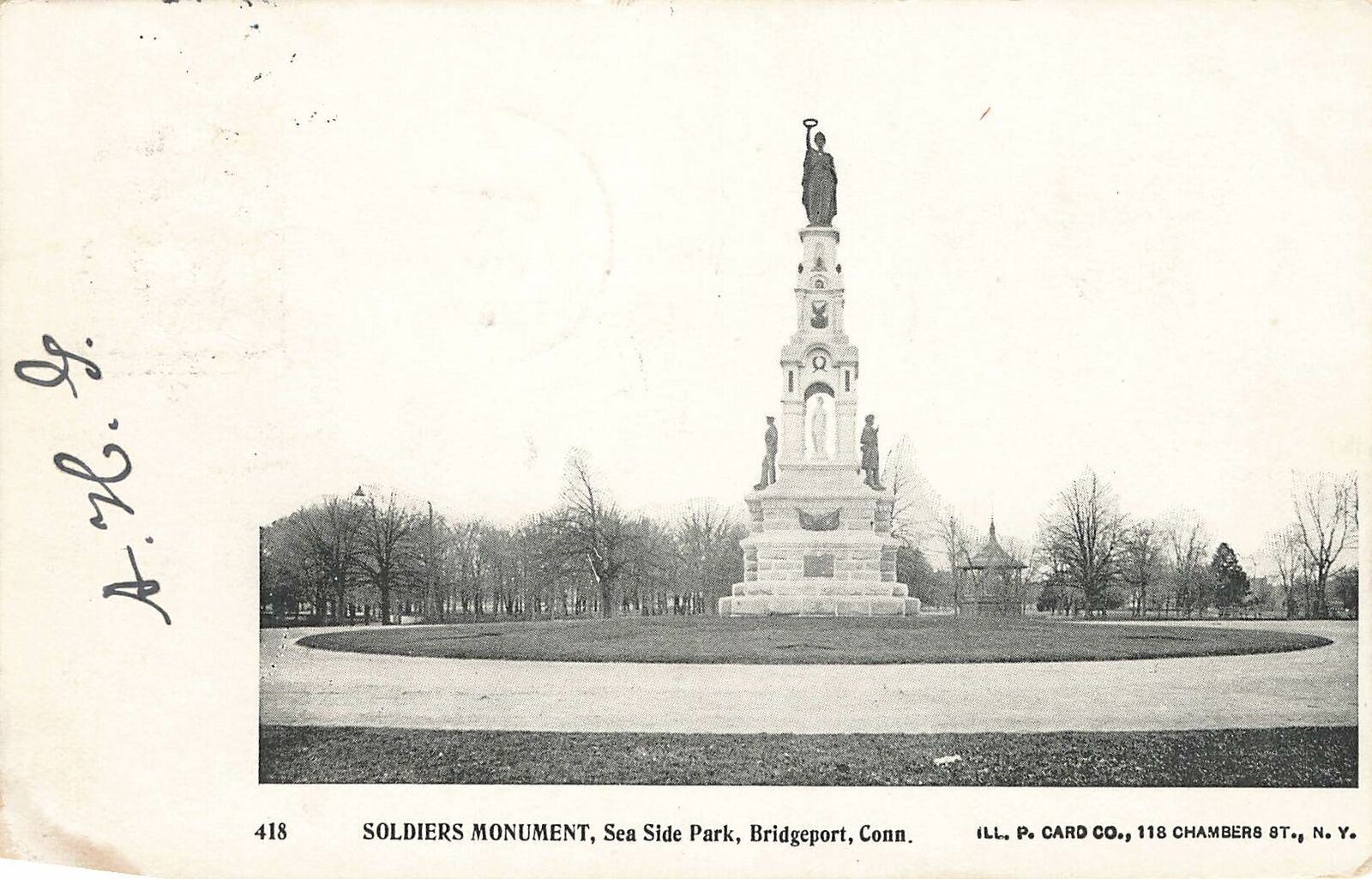 Vintage 1898 Postcard Soldiers Monument Bridgeport Connecticut Sea Side Park