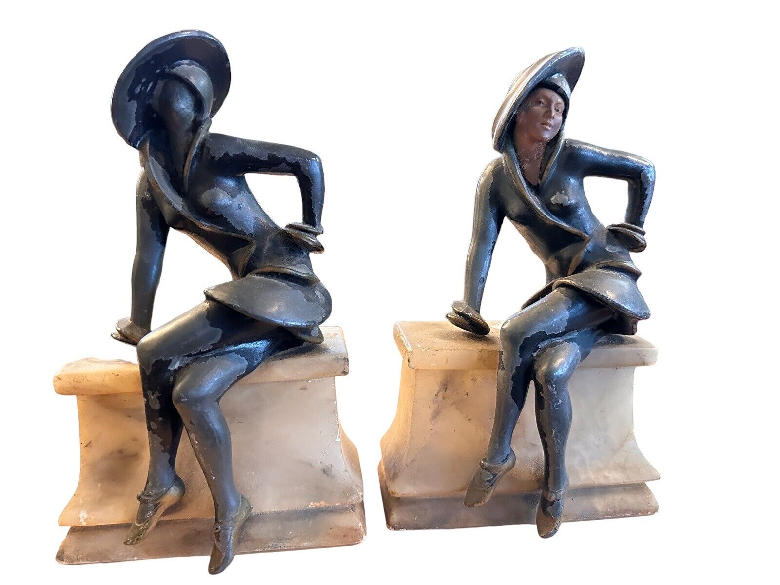 ANTIQUE J.B. HIRSCH ART DECO BOOKEND PAIR SOPHISTICATED LADY IN CIRCA. 1920
