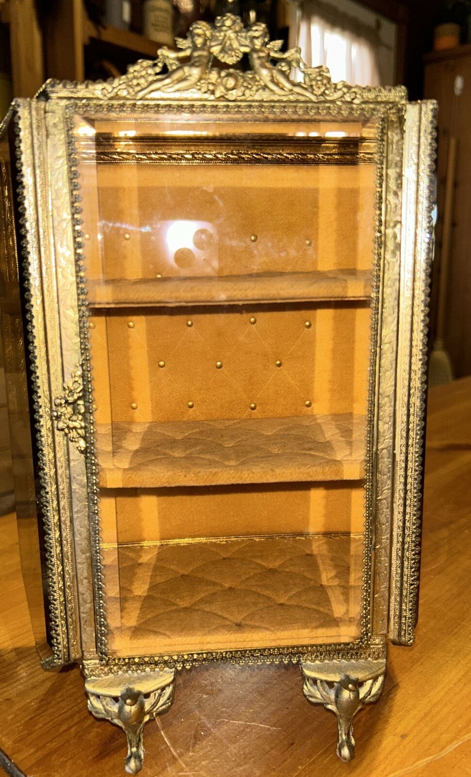 Rare Vintage Display Brass Ormolu Amber Glass Jewelry Cabinet Casket