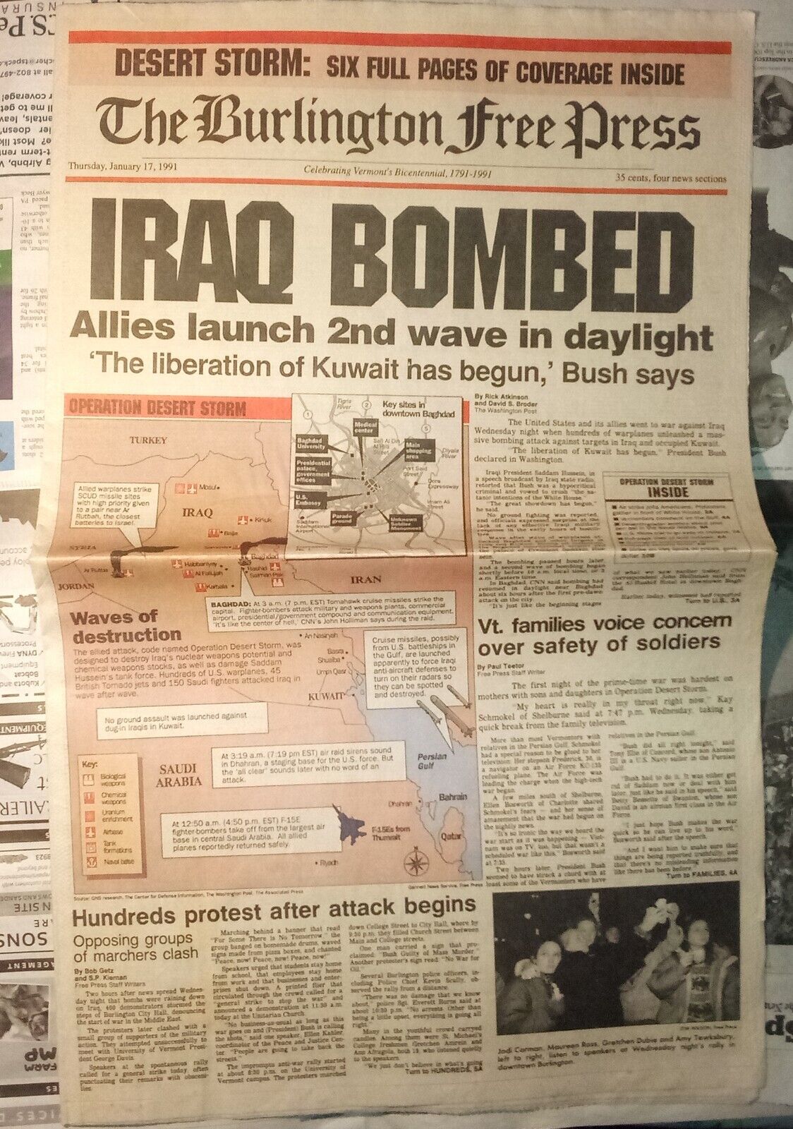 The Burlington Free Press Jan 17 1991 George Bush Iraq War Kuwait