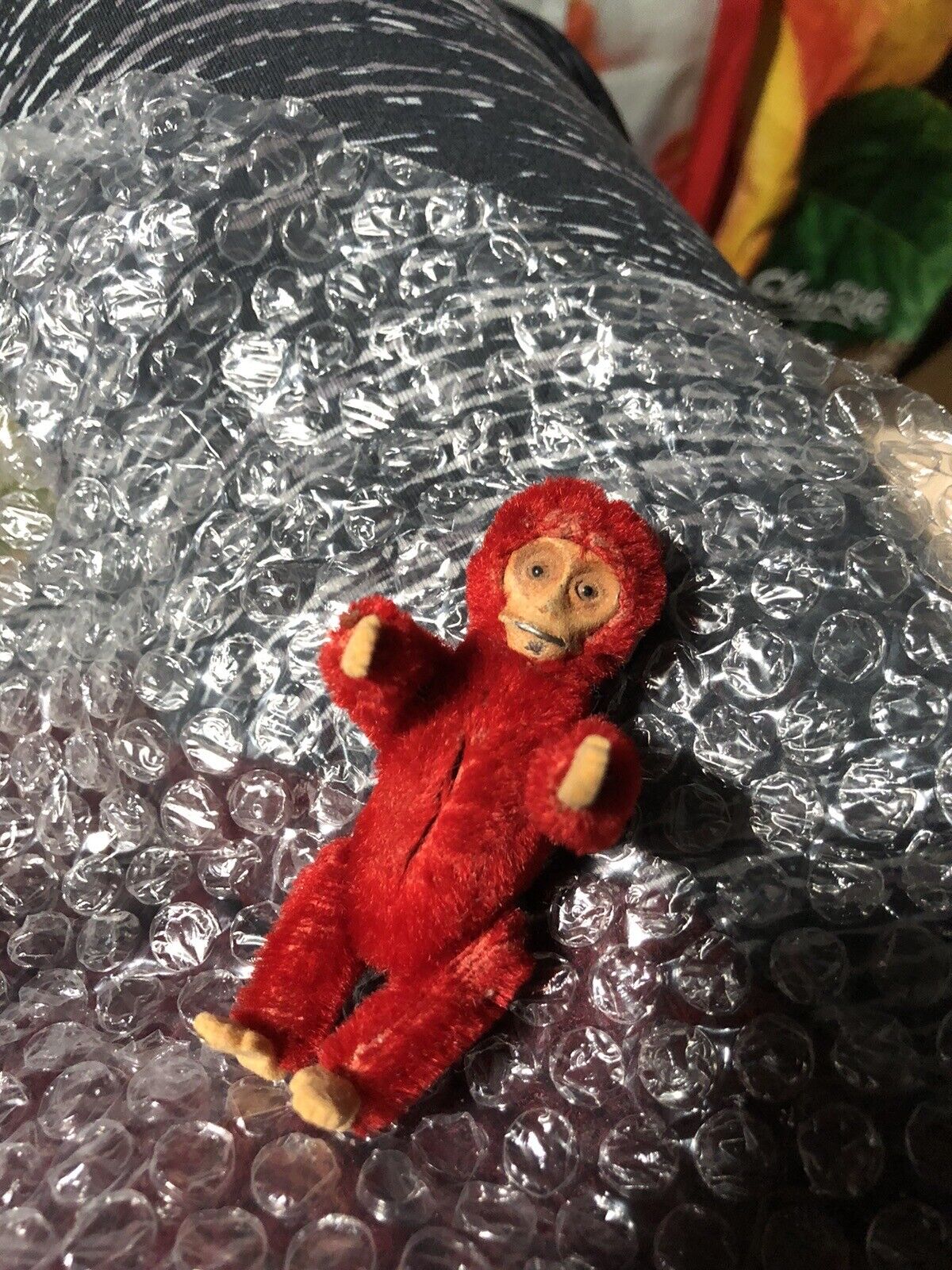 Antique Red Plush Mohair Monkey Mini Ladies\' Powder, Mirror & Lipstick Compact