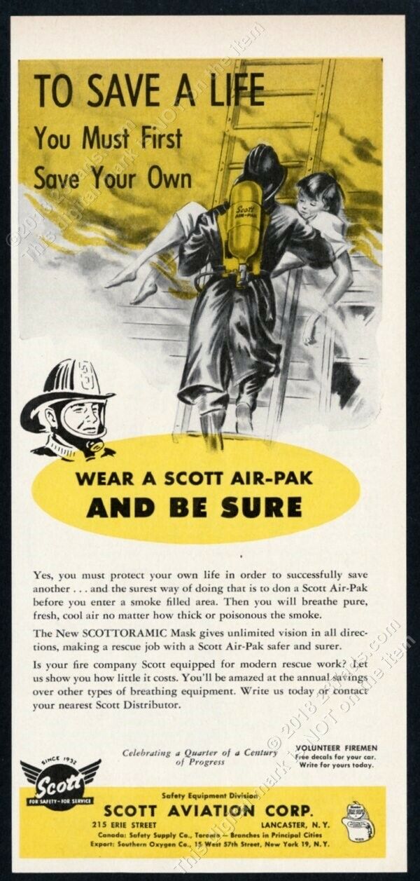 1957 Scott Air Pak fireman rescue art vintage print ad