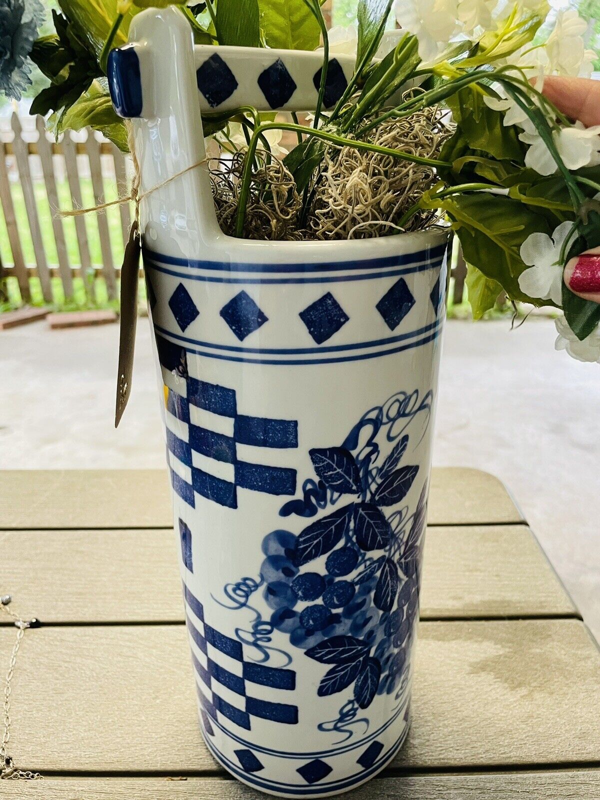 Blue And White Ceramic Pail Style Vase With Handle